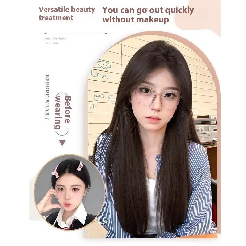 Forehead lace full-head wig with mid-length straight black hair and styling kit including comb, clip and bracket