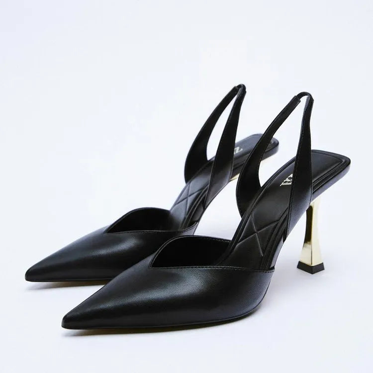 Women's patent leather pointed high heels in apricot nude and black with shallow-cut vamp