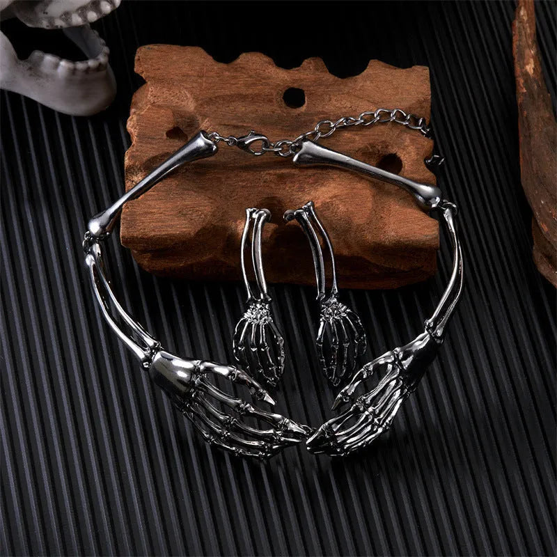 Dark style alloy skull and ghost claw necklace and earrings set for women with electroplated finish