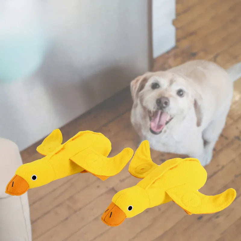 Yellow teddy dog toy with duck attachment and sound module for training and teeth stimulation