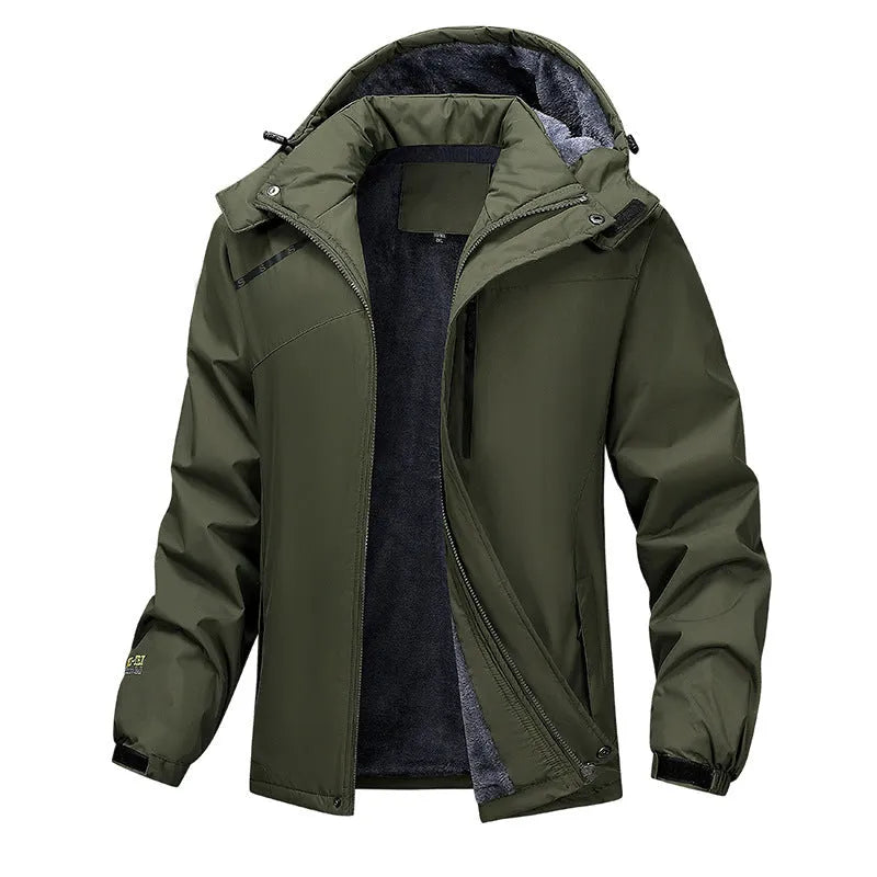Men's plus size loose hooded coat in Army Green, showing waterproof polyester construction
