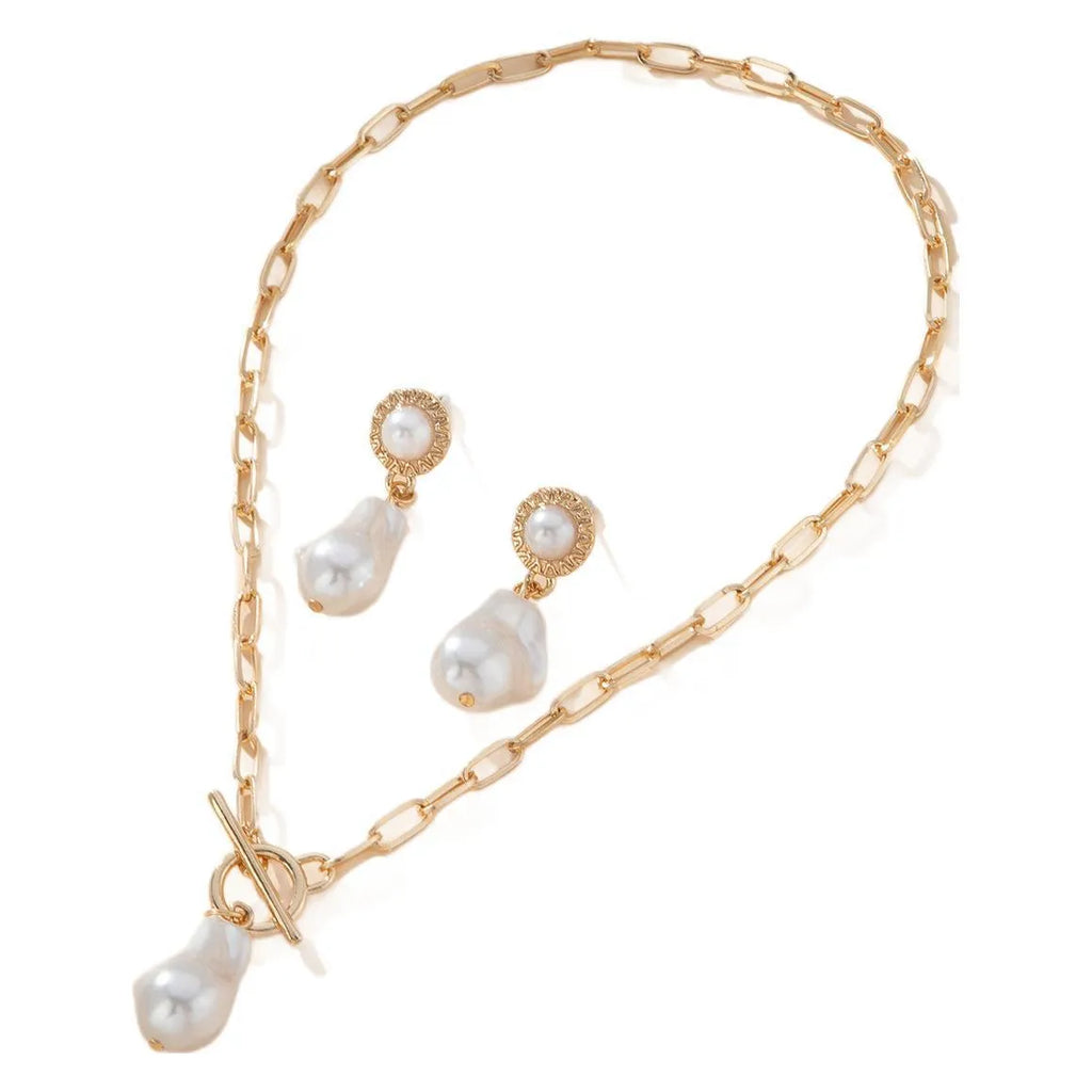 Gold tone retro baroque pearl necklace and ear stud jewellery set for women