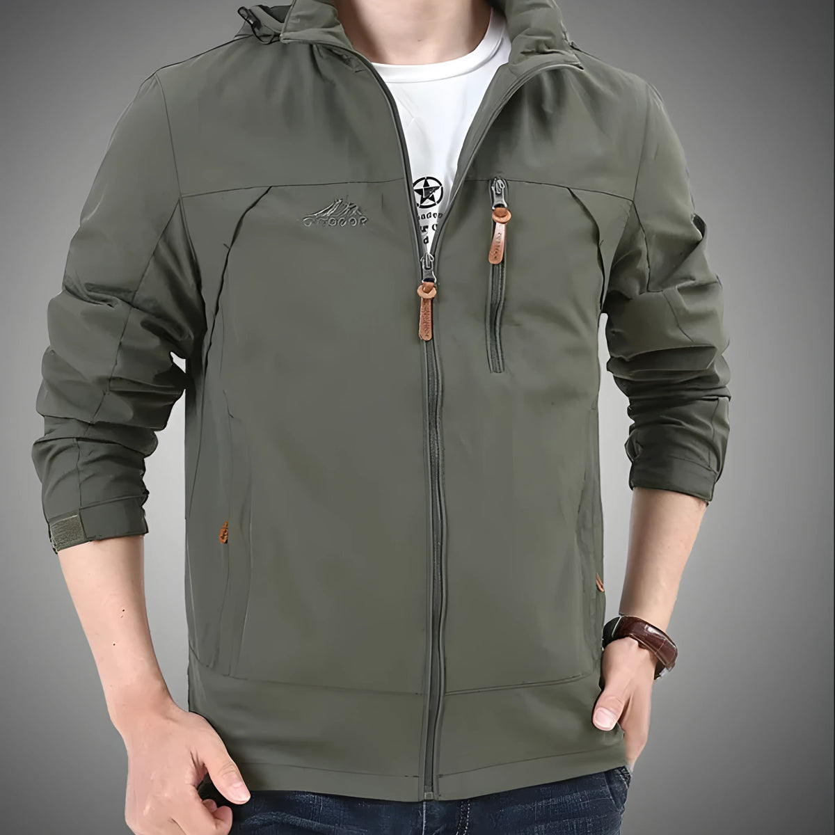 Men's casual windproof thin mountaineering jacket with loose fit and patch pocket, sizes M-5XL