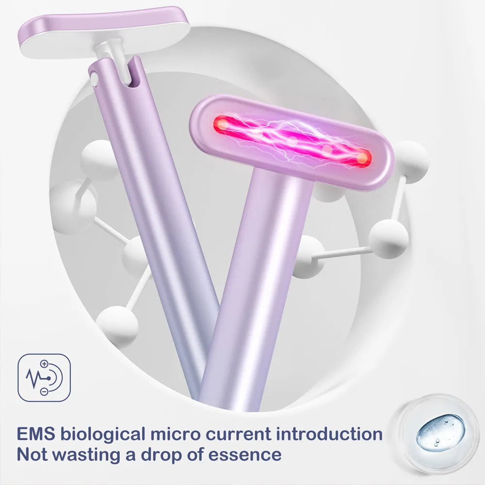 EMS micro-current face and neck massager with rotatable head, LED phototherapy, rechargeable portable design on white background