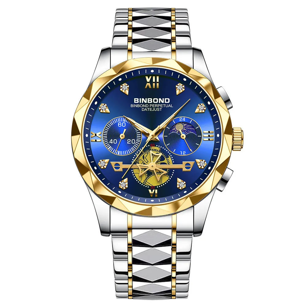 Multifunctional quartz watch with six-pin display, 11mm thick case, business style, available in multiple colours.
