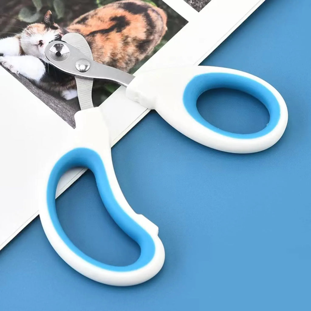 Blue cat nail clippers with circular hole design and ergonomic non-slip handle on a white background
