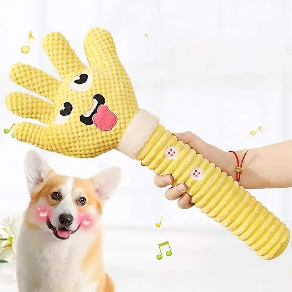 Yellow palm-shaped squeaky plush dog teething toy with bite-resistant fabric for puppy chewing relief