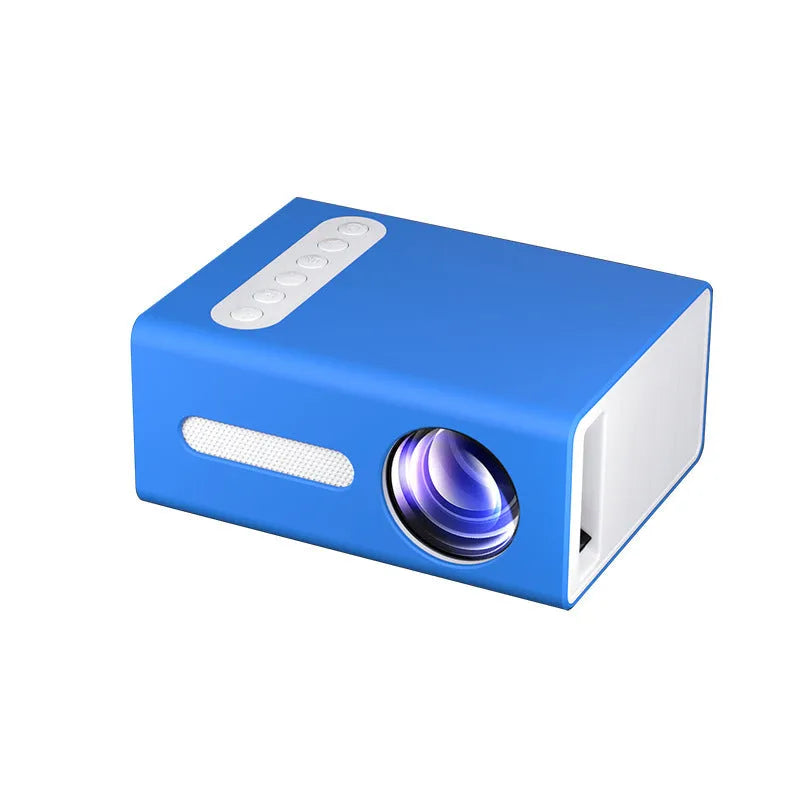 Mini LED projector in black, blue or yellow with HD 1080P support, 16-100 inch screen, HDMI USB AV ports.