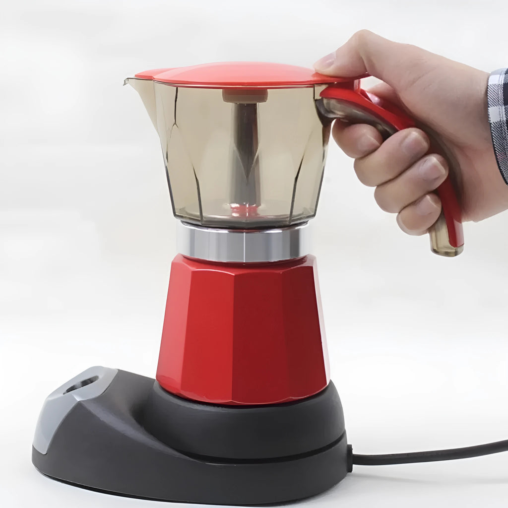 Octagonal aluminium electric moka pot coffee maker in silver colour on kitchen counter