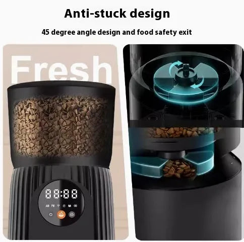 Black and white automatic pet feeder with USB power connection for timed remote feeding