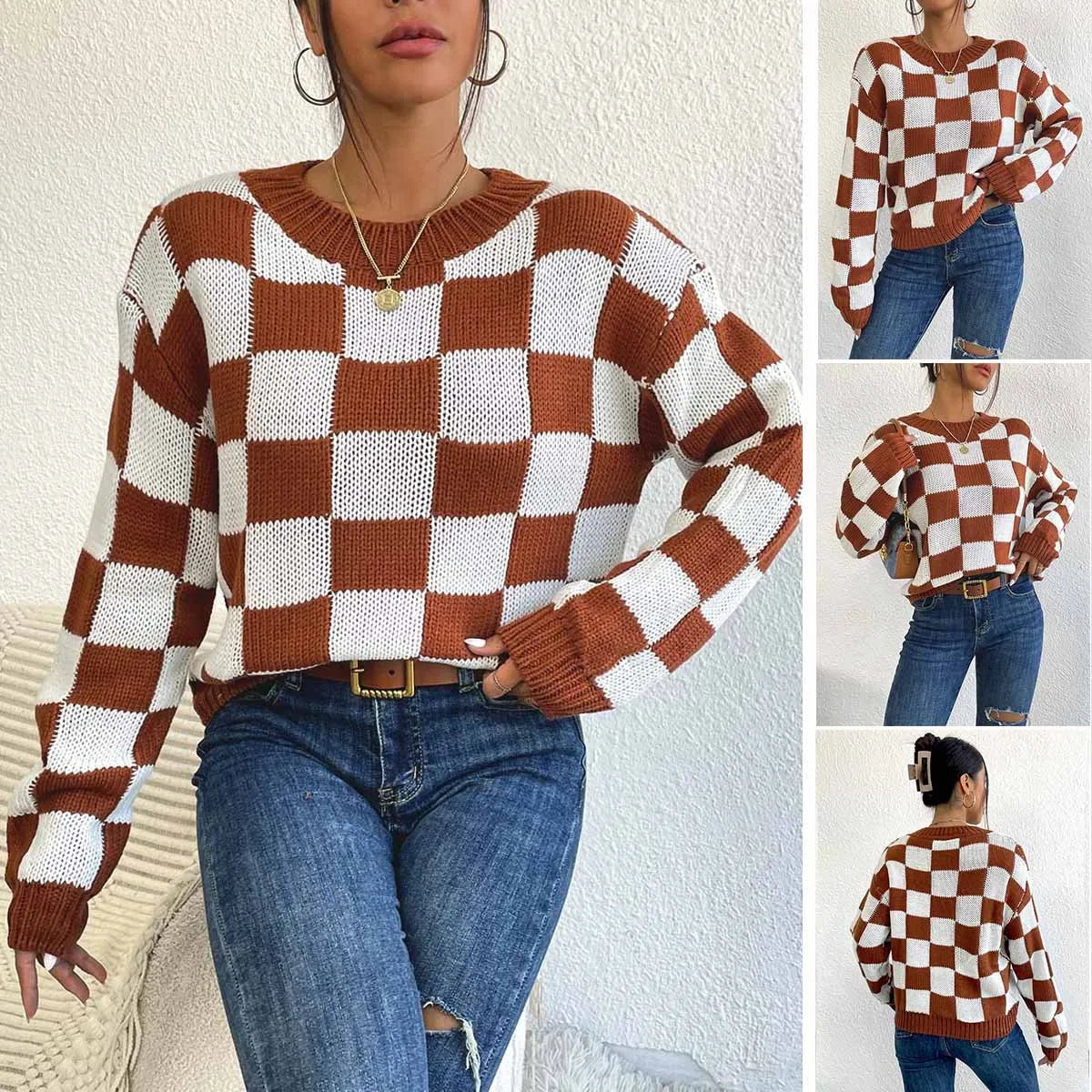 Dark brown plaid pattern acrylic pullover sweater with loose round neck and long sleeves