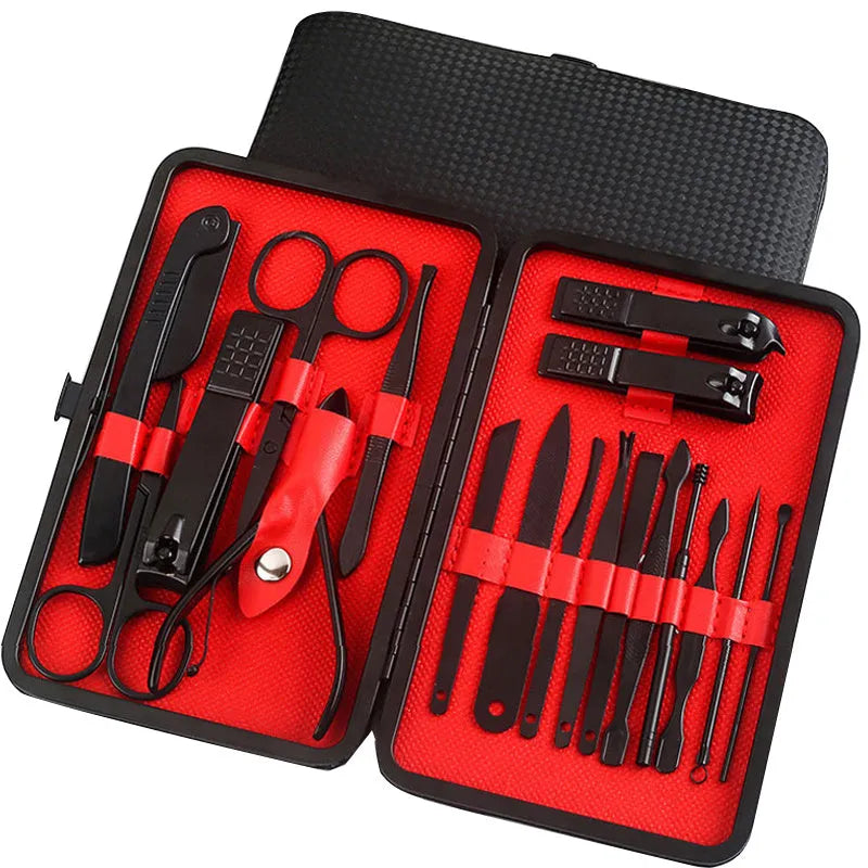 Black leather case containing stainless steel manicure tools with nail clippers and scissors