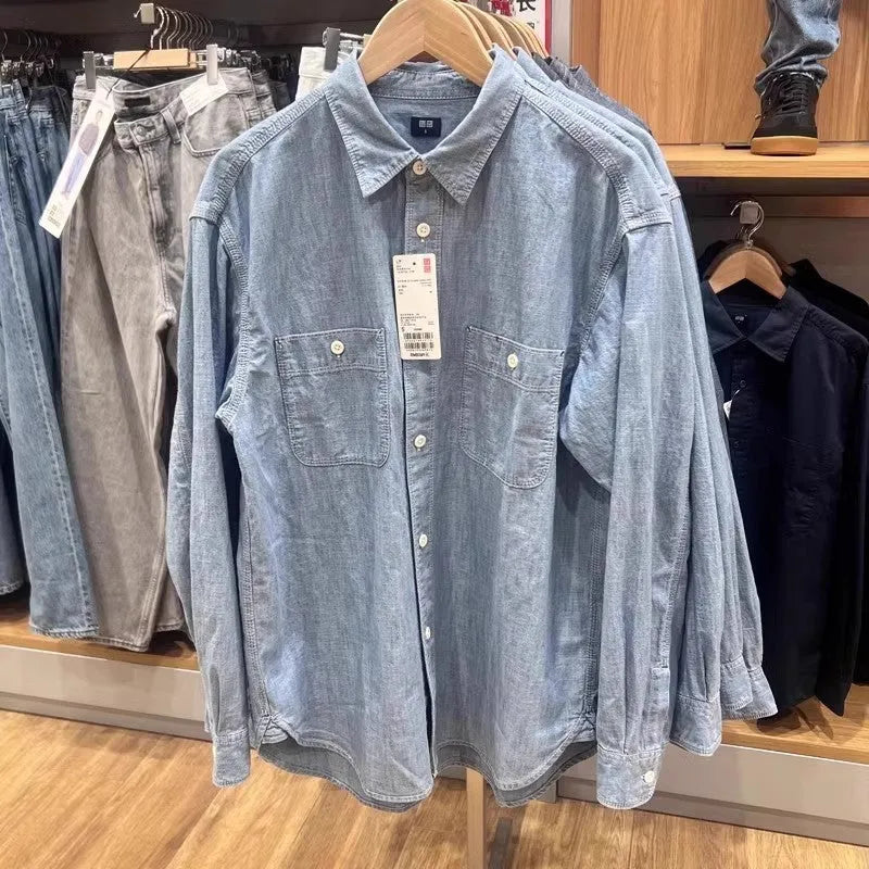Casual loose fit solid colour Vinylon long sleeve shirt for men and women in sea blue
