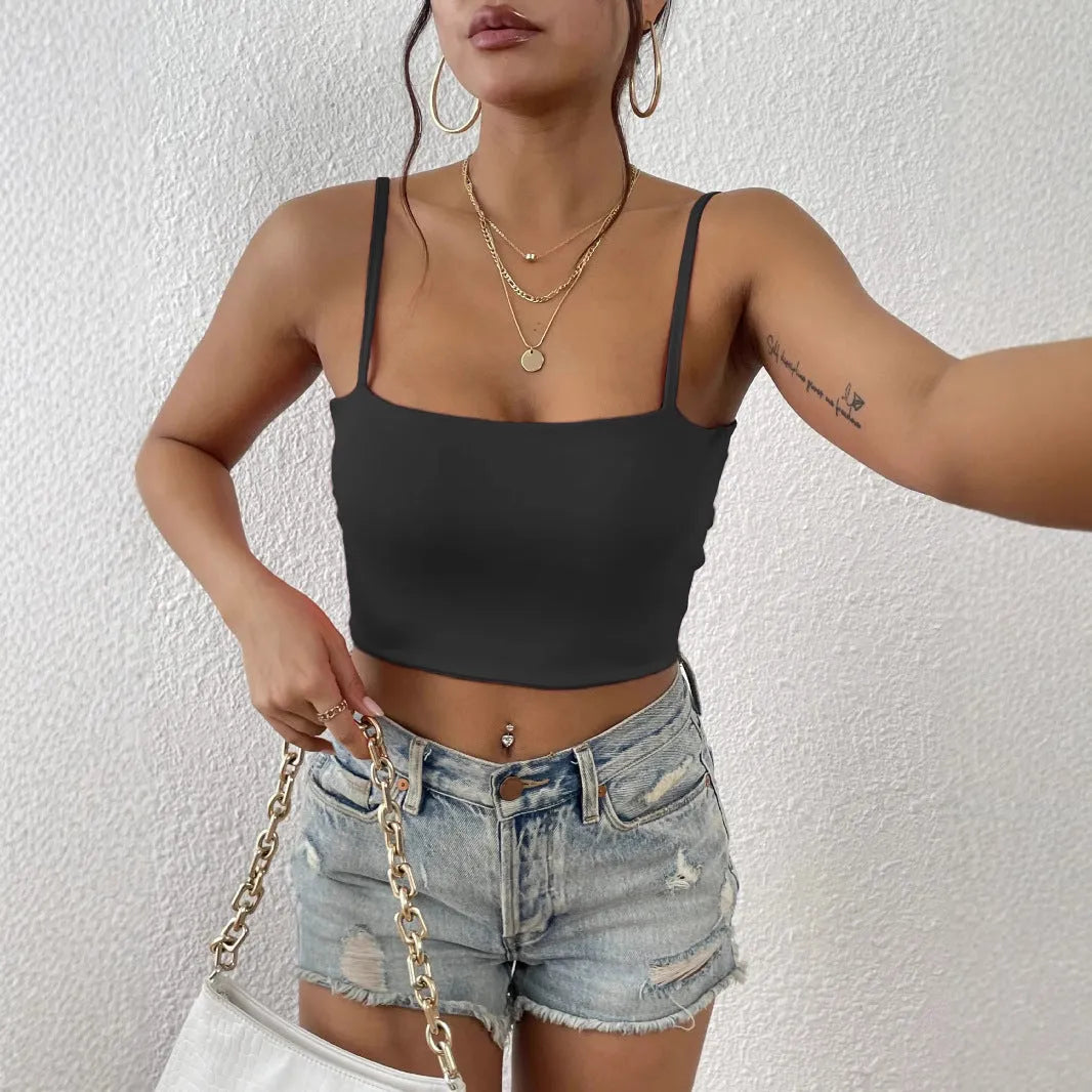 Women's polyester crop top camisole in white solid colour slim fit street style