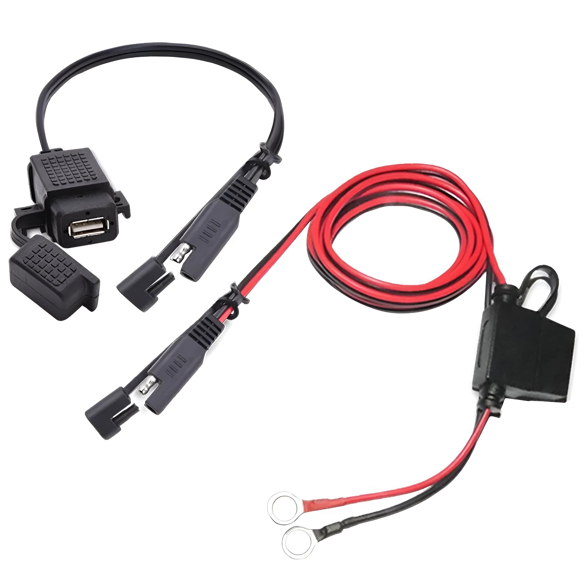 USB SAE adapter for motorcycle phone and GPS charging, black ABS housing with copper contacts