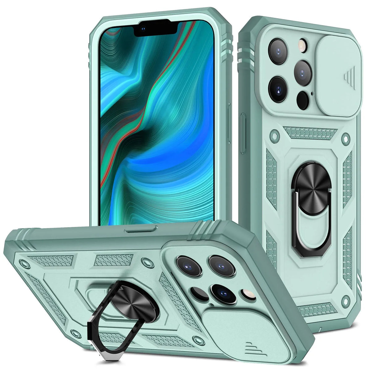 Clear magnetic iPhone case with extended sliding stand bracket in sapphire blue colour