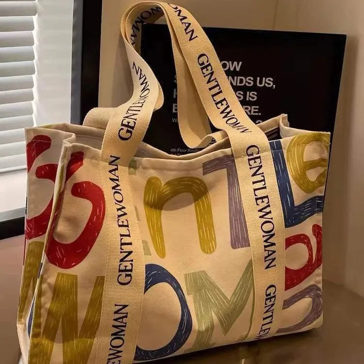 Canvas women's travel tote bag with large capacity and printing design in three colour options