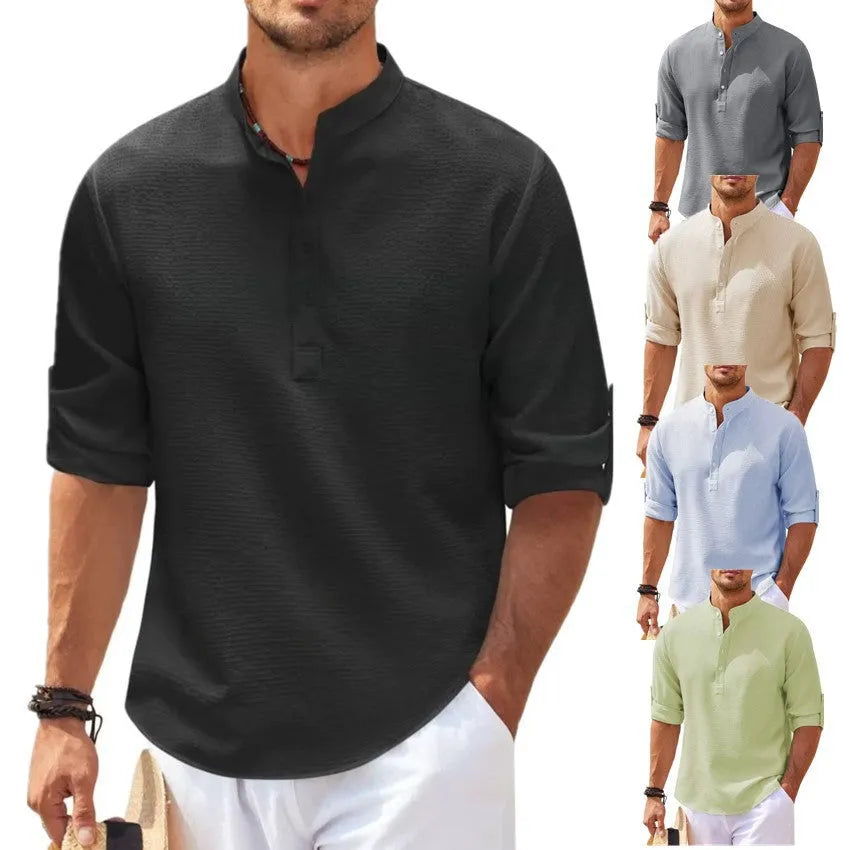 Men's stand collar button shirt with pineapple texture, loose fit polyester top in summer colours