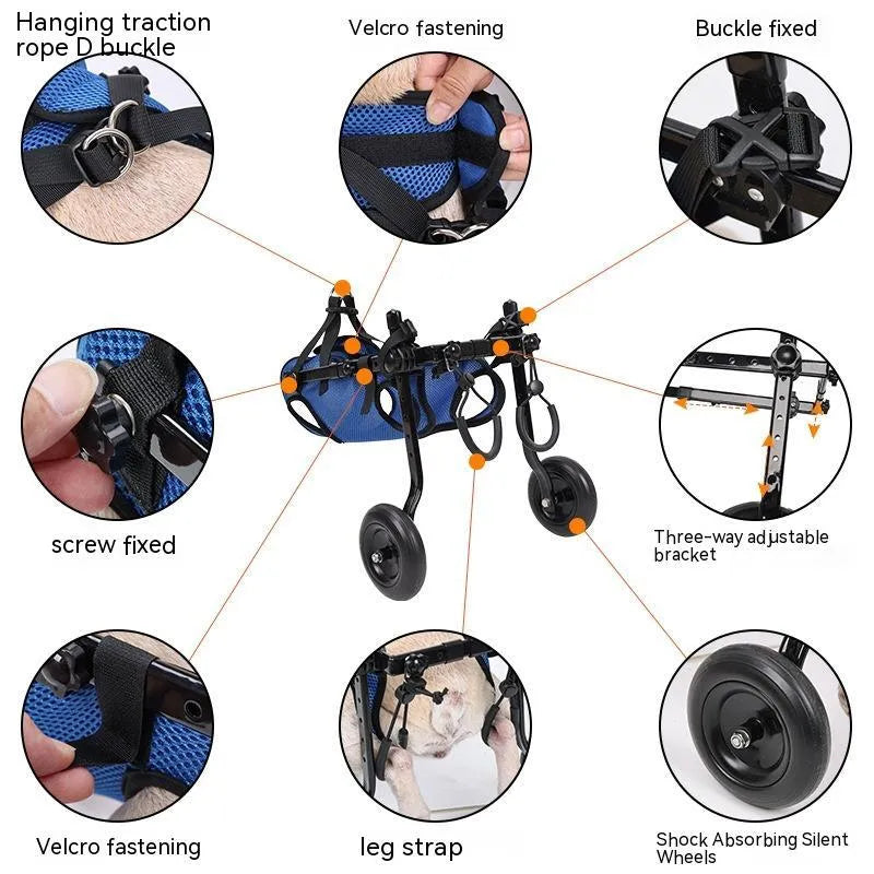 Blue dog wheelchair scooter made from aluminium alloy, PP, and polyester, available in sizes S, M, and XS.