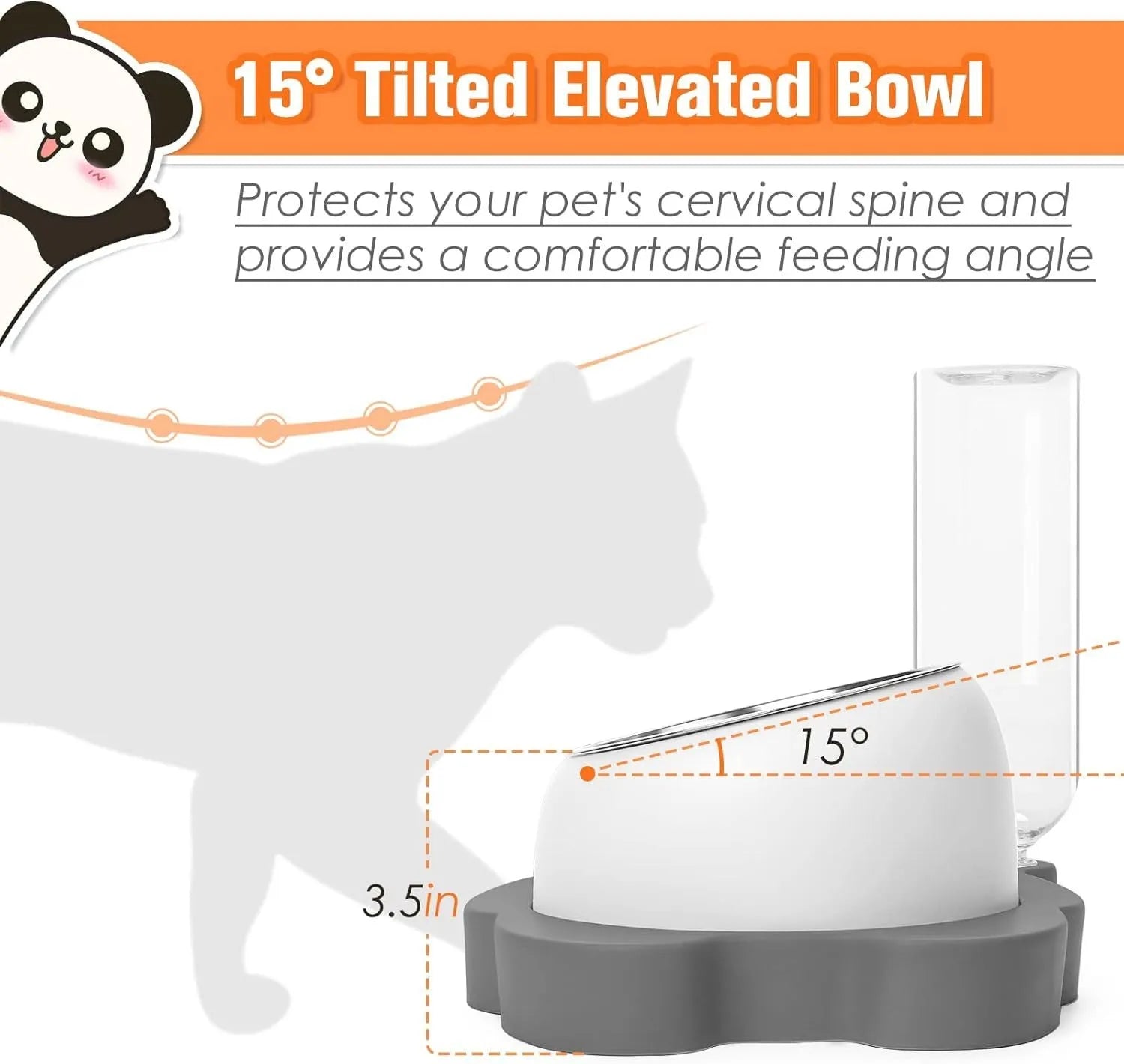 Grey tilted elevated pet bowl set with automatic water dispenser bottle and panda design