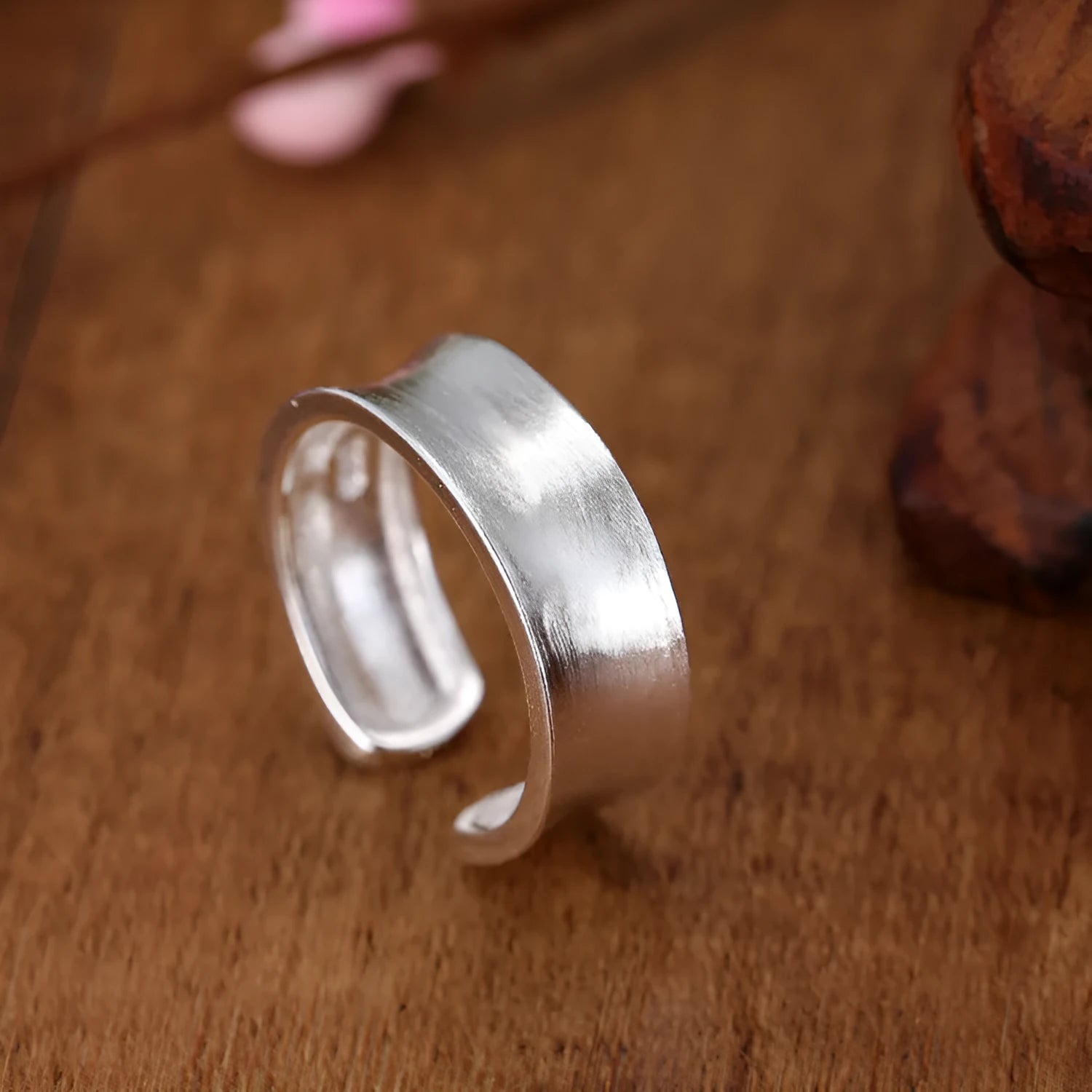 Adjustable open ring with geometric design and frosted sterling silver finish