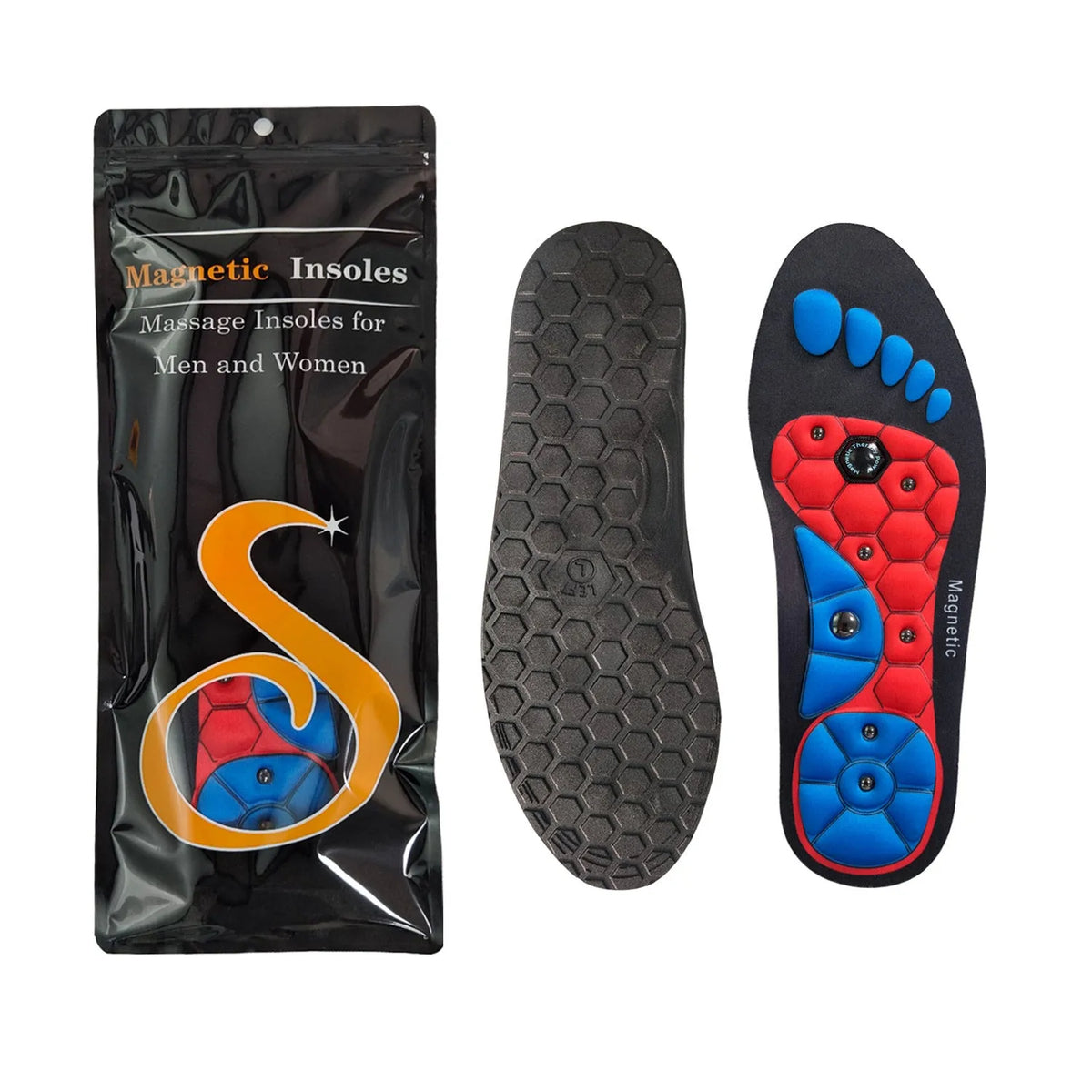 Black magnetic EVA insoles with gel massage nodes on a neutral background