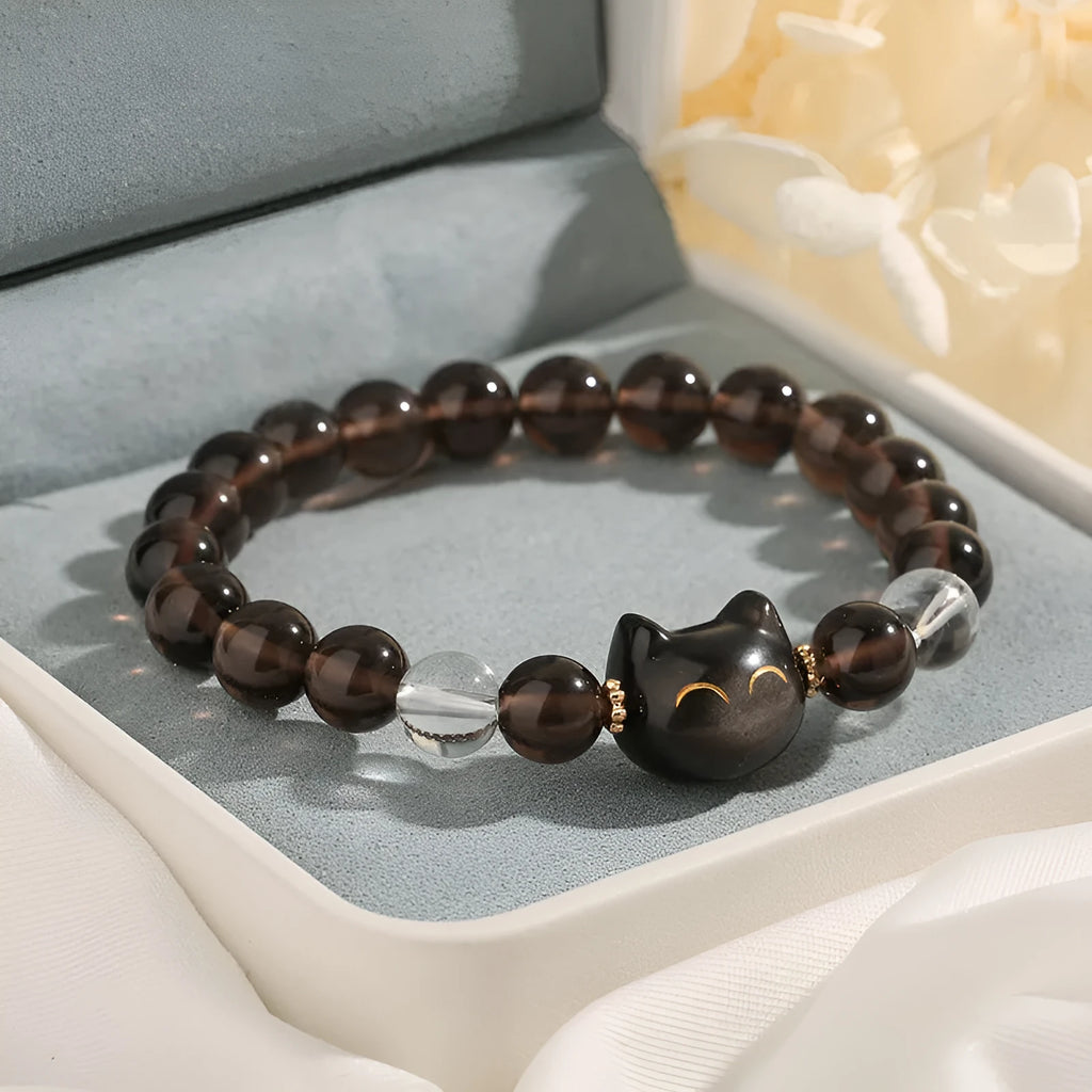 Women's natural opal cat head bracelet with Ice Stone finish and 8mm bead on silver tone chain