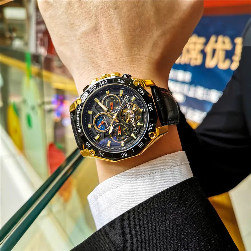 Men's automatic mechanical watch with a slim 12mm case shown in multiple colour variants.