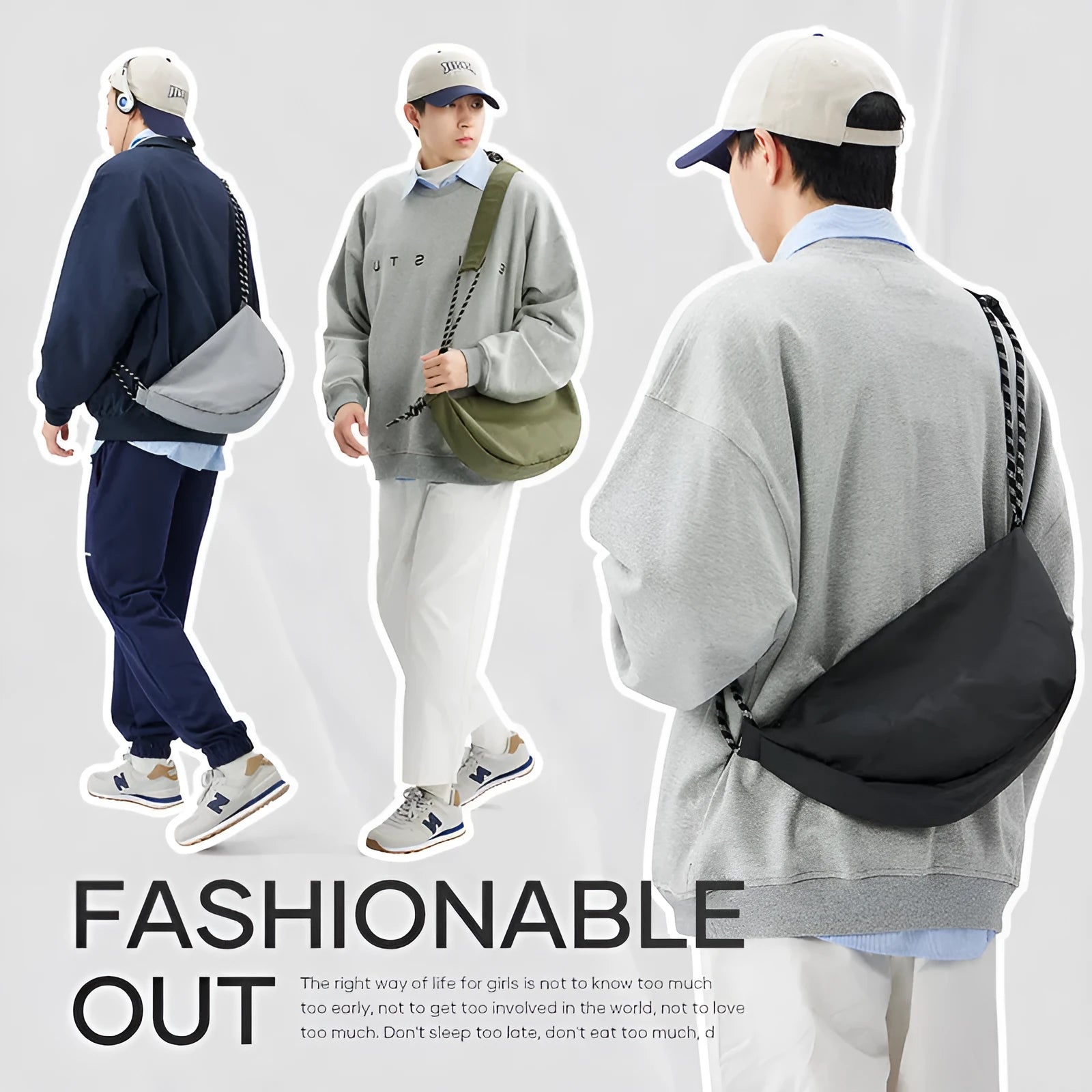Men's lightweight nylon messenger bag in solid colour with large main compartment for daily use