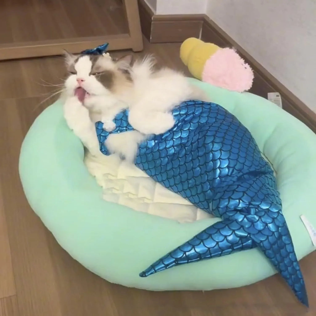 Blue or pink mermaid costume with scaly tail and bow on a small cat or dog