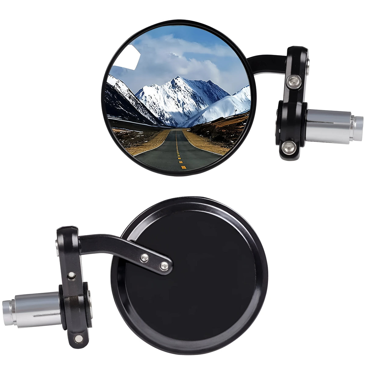 Black motorcycle handlebar rearview mirror with spherical glass and aluminium cover for 22mm bars.