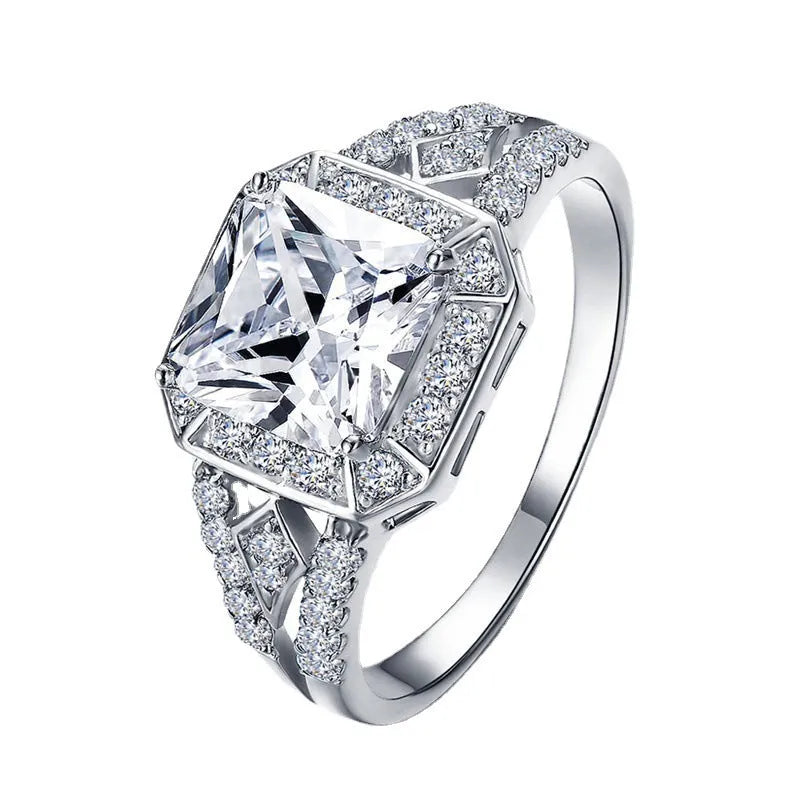 Women's geometric zircon ring with hollow design and quadrilateral centrepiece in platinum colour