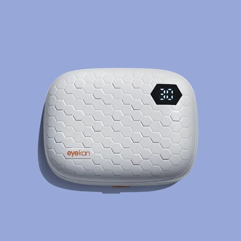 Pearl white automatic ultrasonic glasses cleaning machine for invisible eyewear, measuring 85x65x30mm