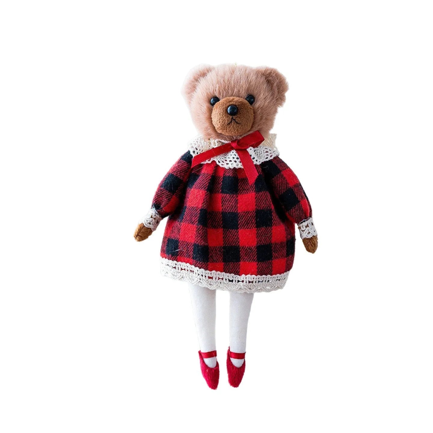 Cartoon-style plush bear doll couple set with princess and gentleman bears wearing cloth cotton plaid outfits
