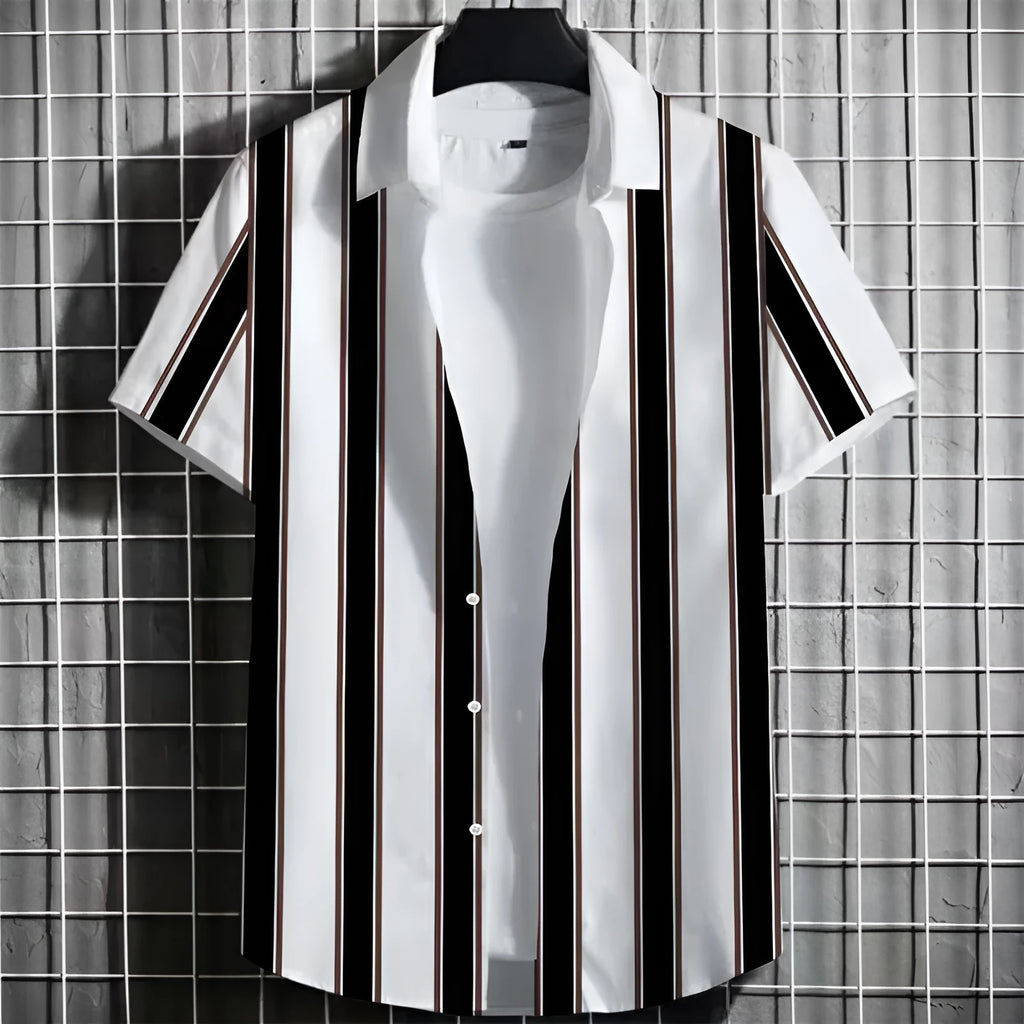 Men's linen blend short sleeve t-shirt with a colourful 3D striped print, shown in a solid colour.