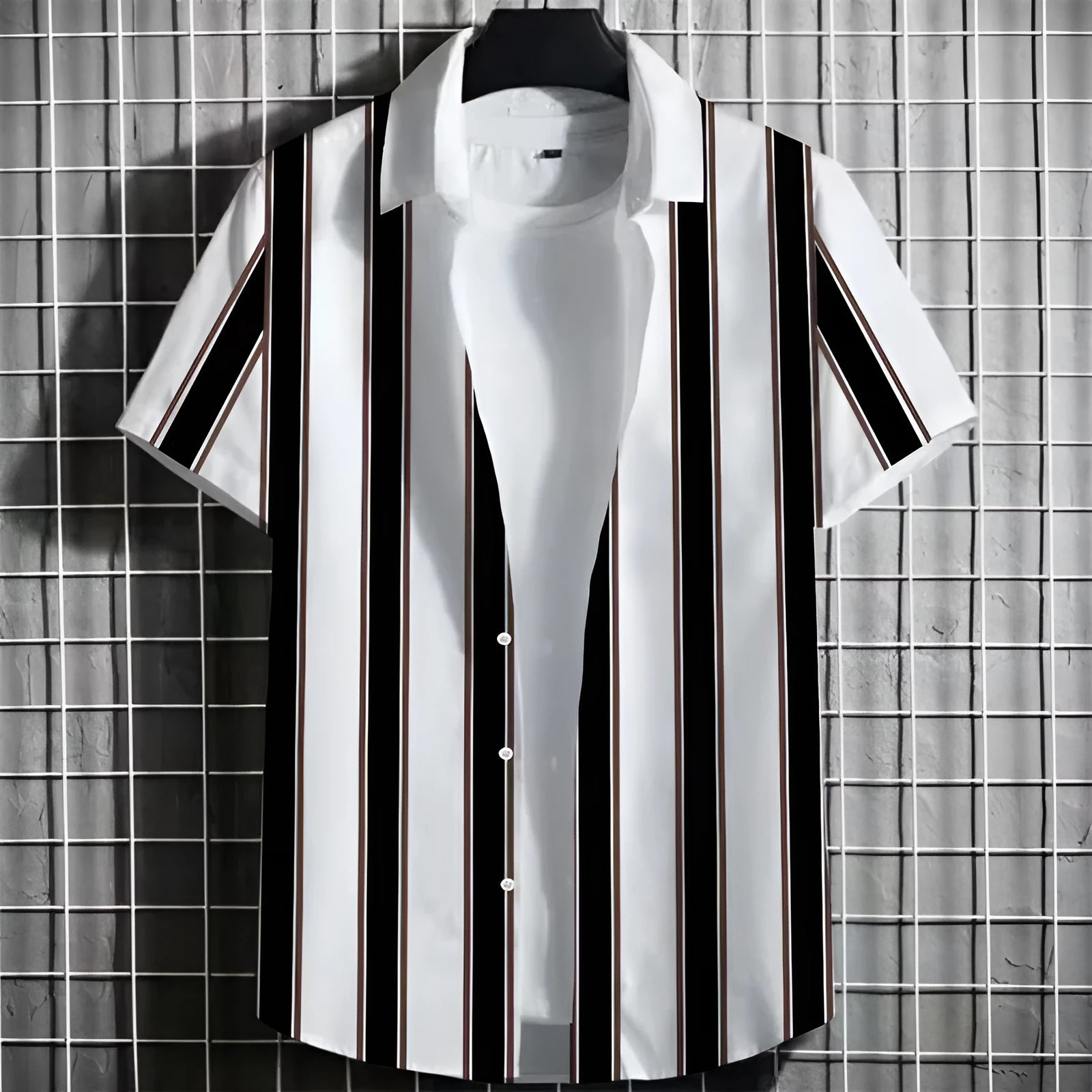 Men's linen blend short sleeve t-shirt with a colourful 3D striped print, shown in a solid colour.