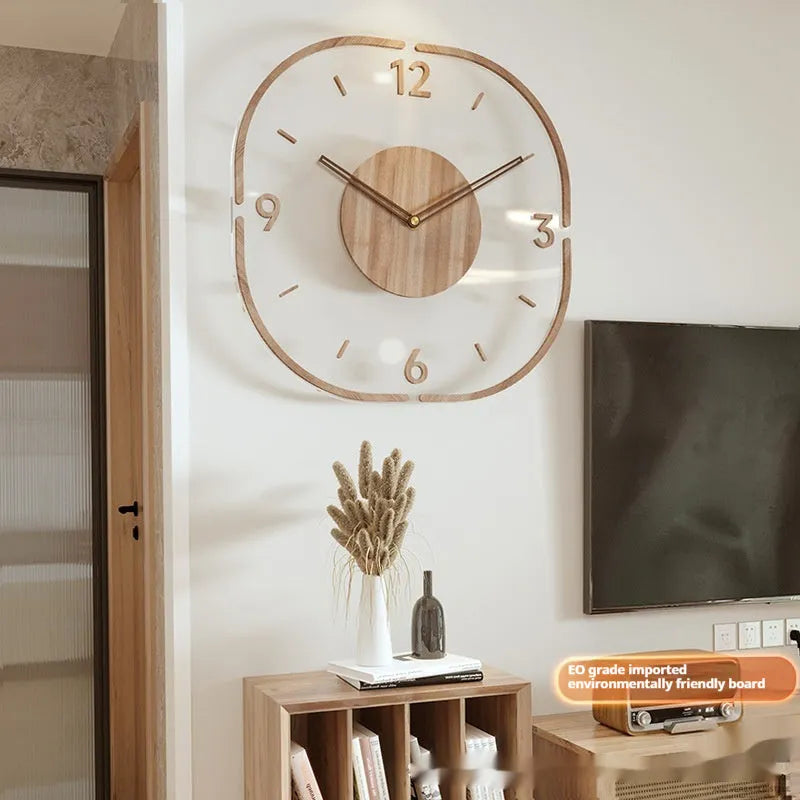 Transparent wooden wall clock with modern silhouette design on wall