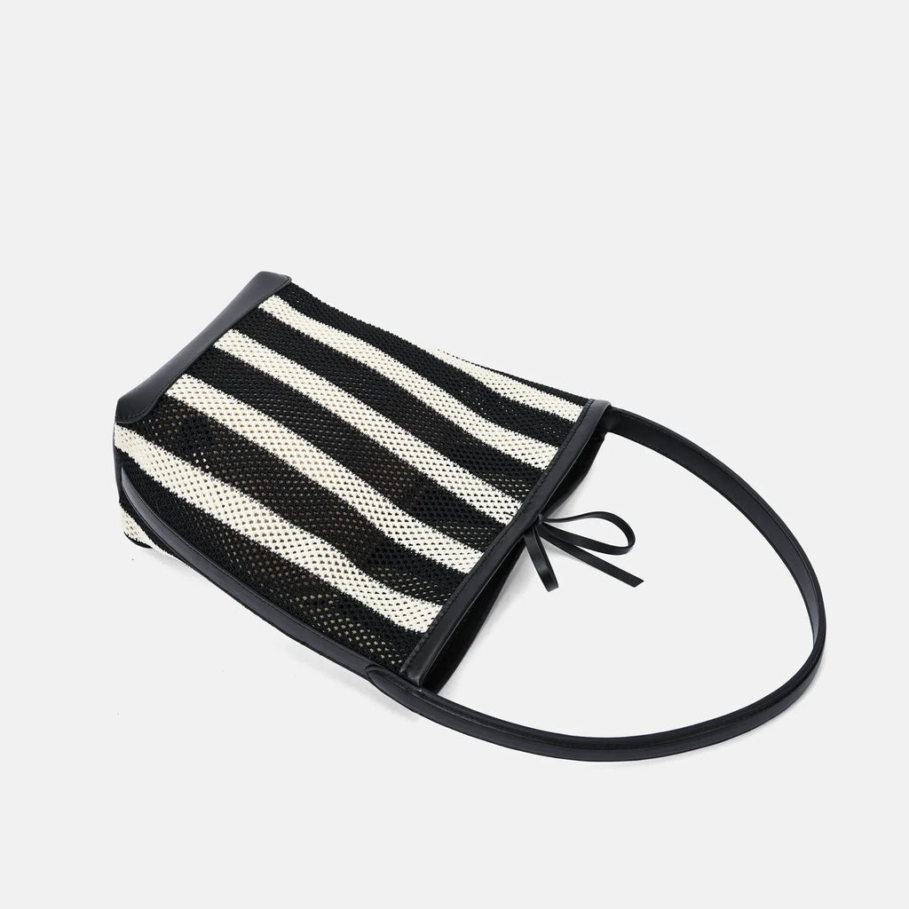 Black and white striped woven fabric women's bucket shoulder bag