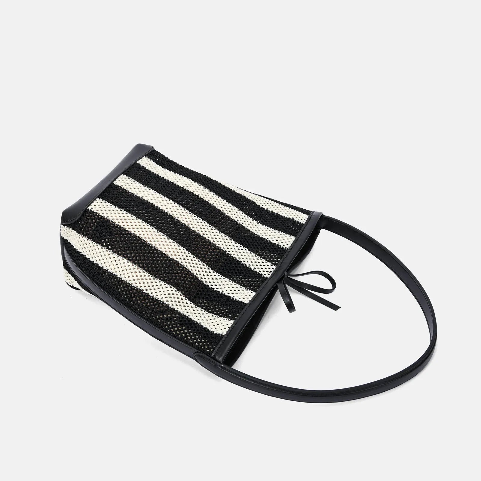Black and white striped woven fabric women's bucket shoulder bag