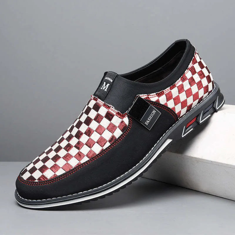 Men's large size business casual shoes with grid pattern and colour blocking, available in red, black, and white, sizes 39-50.