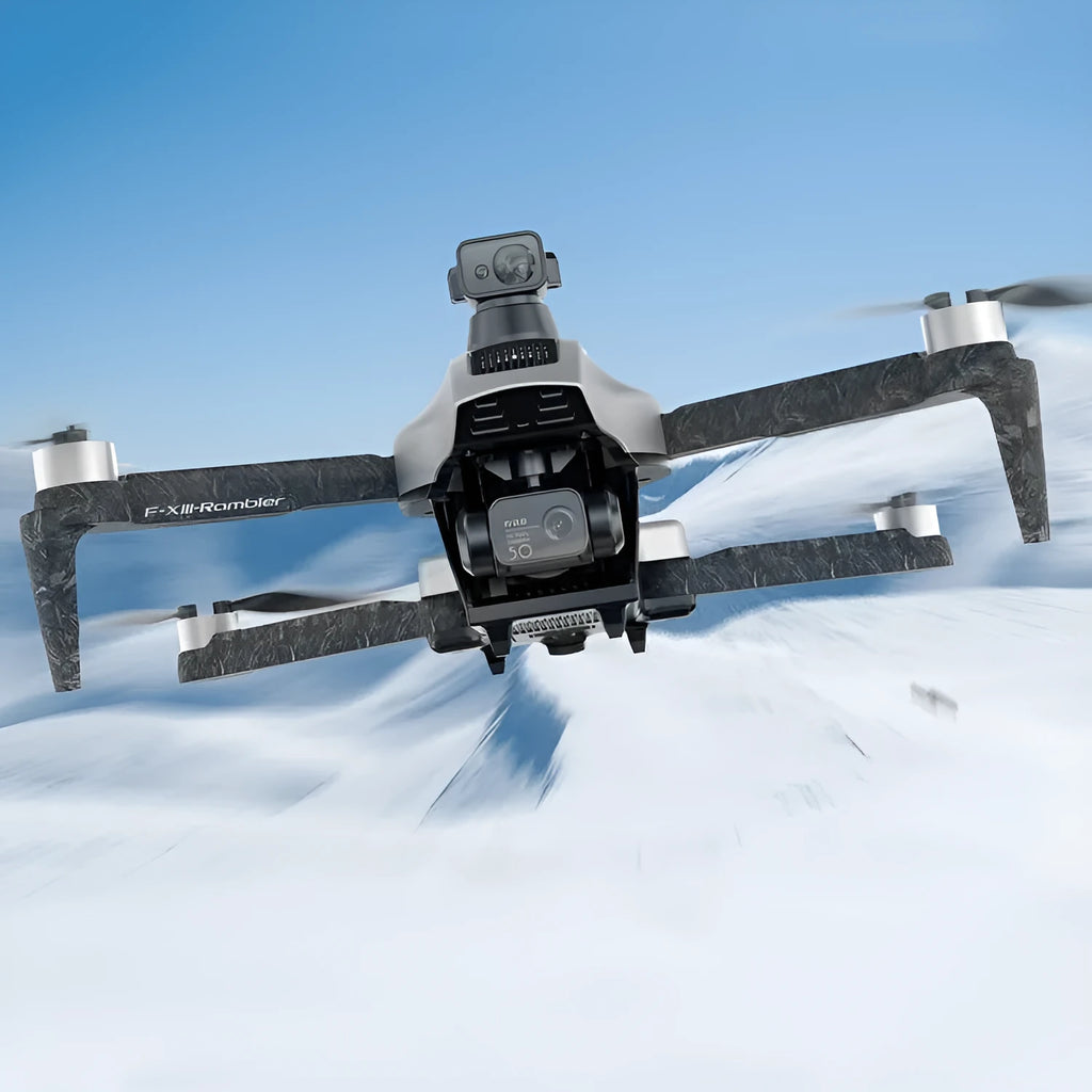 White folding quadcopter drone with camera and obstacle avoidance sensors, shown with remote control and carry bag.