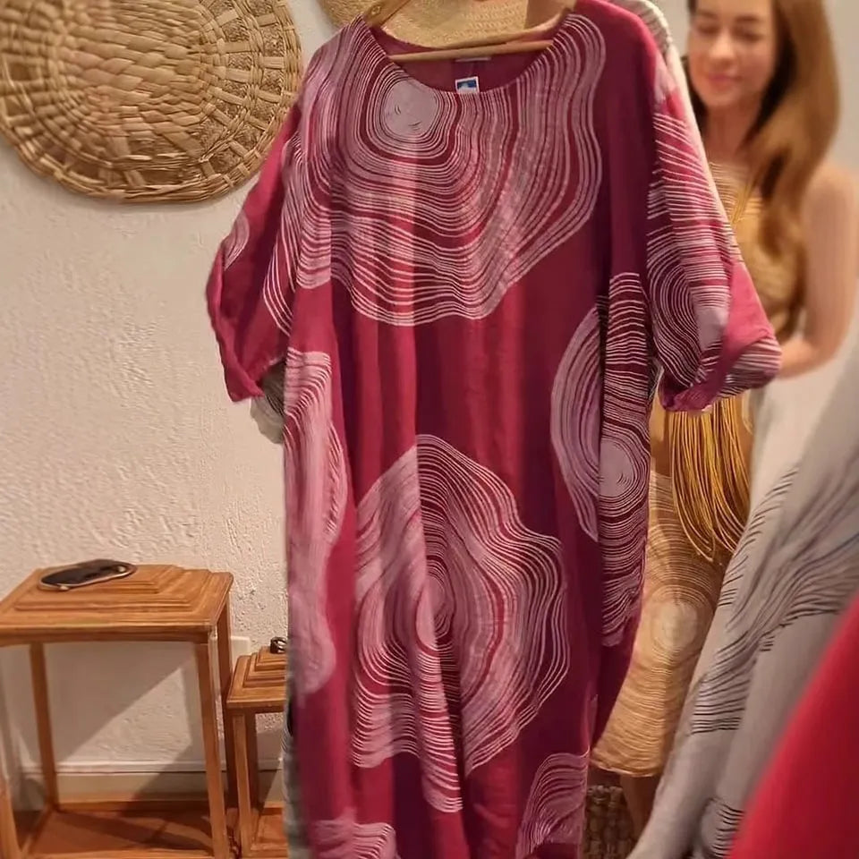 Women's round neck abstract print sleeve dress with A-line skirt in polyester, available in multiple colours