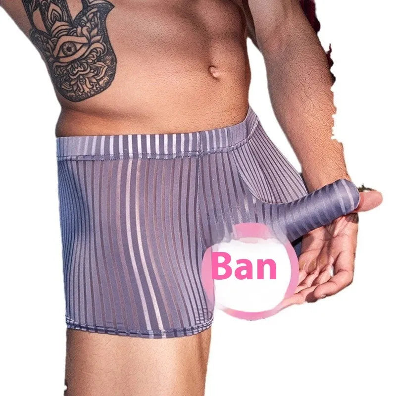 Men's vertical stripes boxer briefs in breathable nylon fabric showing black, white, and dark grey colour options