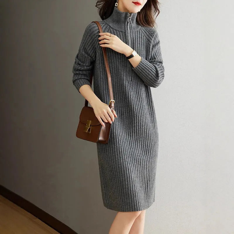Beige half zip long sleeve midi skirt with a stand collar and straight silhouette