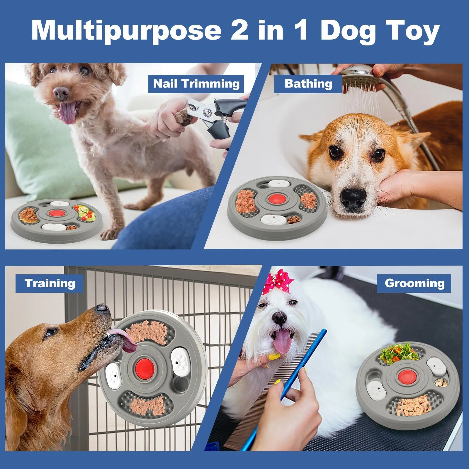 Grey and blue PP plastic dog slow feeder bowl with anti-slip pads
