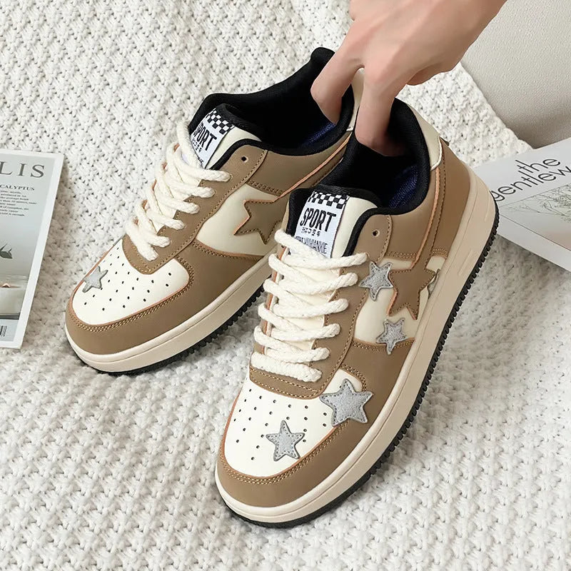 Unisex couple board shoes in beige, low top, breathable mesh lining and PU sole