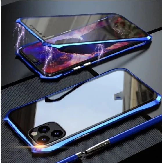 Glass magnetic king metal protective cover for iPhone 11 series in black, red, blue, and silver colours.