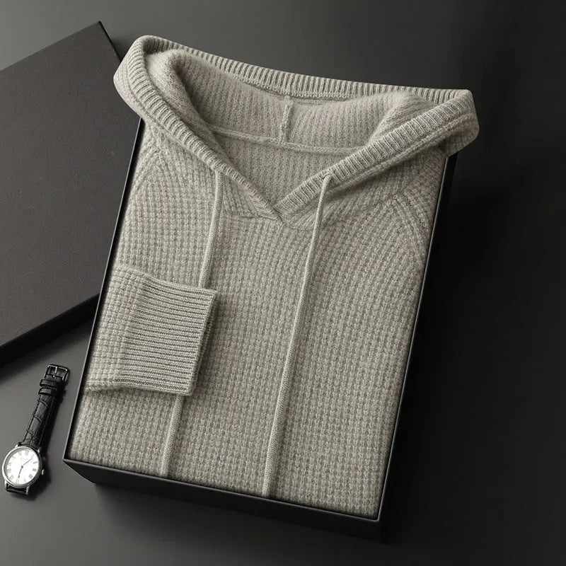 Hooded cashmere sweater, loose fit thickened winter pullover in camel, grey-green or navy blue, sizes S to XXXL