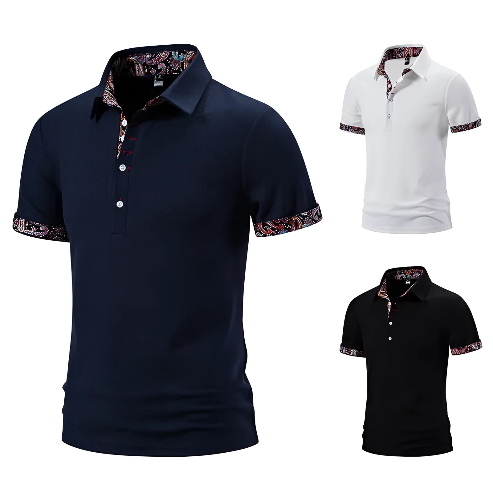 Men's navy blue polo shirt with white contrast stitching on the collar and short sleeves.
