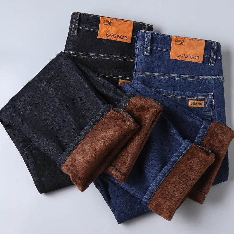 Thickened plush jeans for men in black cotton with medium waist and straight tube leg